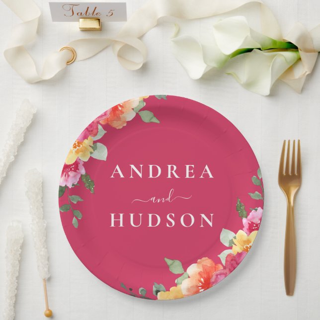 Prato De Papel Casamento de Flores de Aquarela Rosa Magnífica (Casamento)