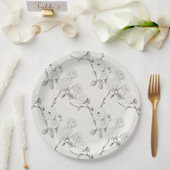 Prato De Papel Casamento de Flores de Outono Preto Creme Prata  (Casamento)