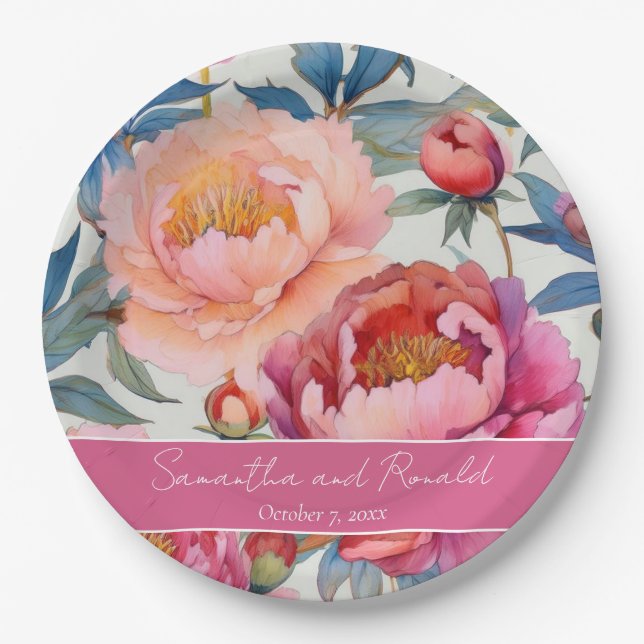 Prato De Papel Casamento de Flores de Peônia em Aquarela Elegante (Frente)