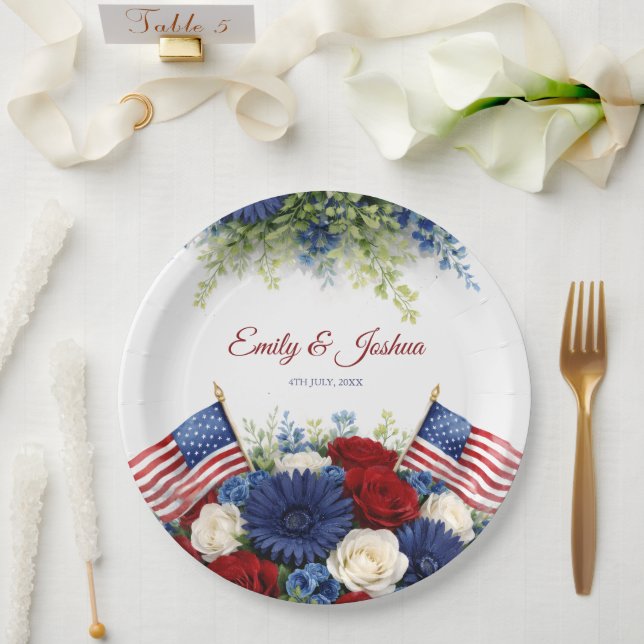 Prato De Papel Casamento de Flores e Bandeira Americana (Casamento)