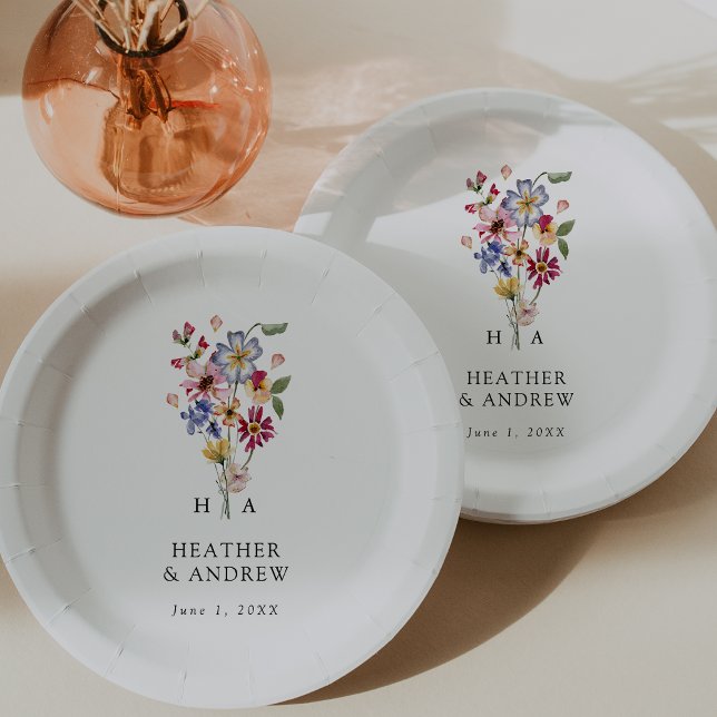 Prato de Papel Casamento de Flores Silvestres (Colorful Wildflower Wedding Paper Plates by Painted Paperie
)