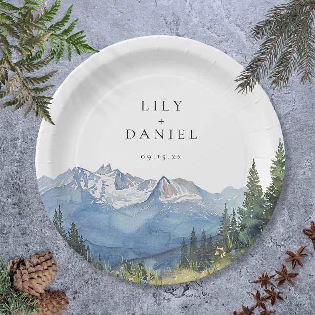 Prato De Papel Casamento de Flores Silvestres de Montanha em Aqua (Modern Watercolor Mountain Wildflower Wedding Paper Plates)