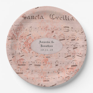 Prato De Papel Casamento de Folha de Música Vintage em Rose Gold