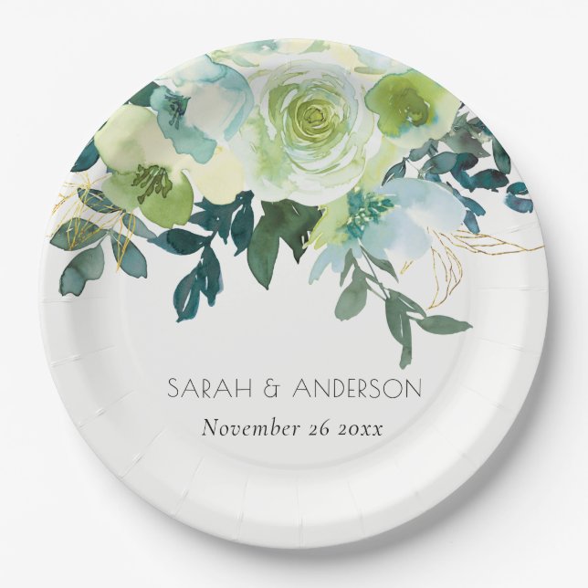 Prato De Papel Casamento De Folha Floral Verde Azul Com Aquarelas (Frente)