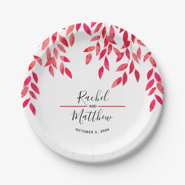 Prato De Papel Casamento de Folhagem Rosa Quente (Frente)