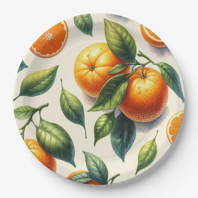 Prato De Papel Casamento de Folhas de Laranja em Aquarela (Frente)