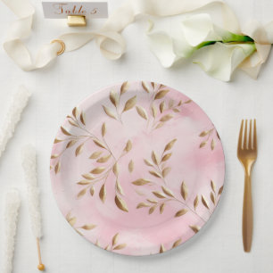 Prato De Papel Casamento de Folhas Douradas e Rosa Esbranquiçadas