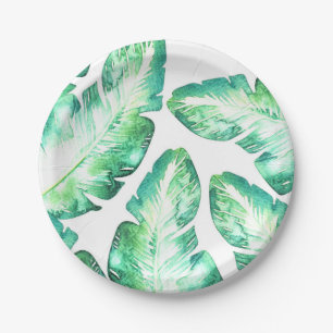 Prato De Papel Casamento de Folhas Tropicais Branco e Verde Praia