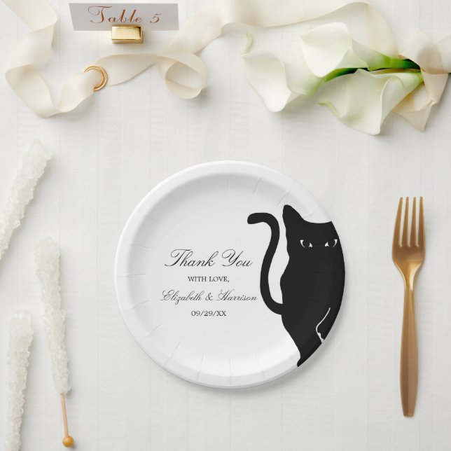 Prato De Papel Casamento de Gatos Negra Brancos Modernos (Casamento)