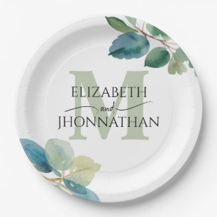 Prato De Papel Casamento de Greenery eucalyptus monogramas