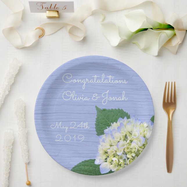 Prato De Papel Casamento de Hydrangea Bloom Blue Wood Grain (Casamento)