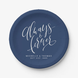 Prato De Papel Casamento de Letra cursiva Azul Marinho Sempre e P