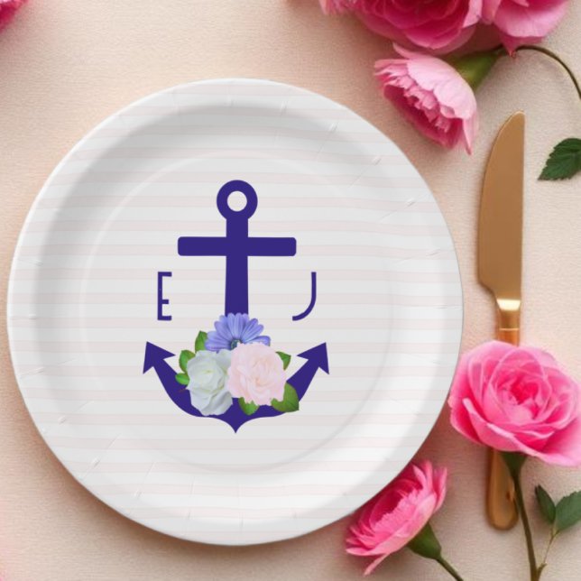 Prato De Papel Casamento de Listras Florais Náuticas (Criador carregado)
