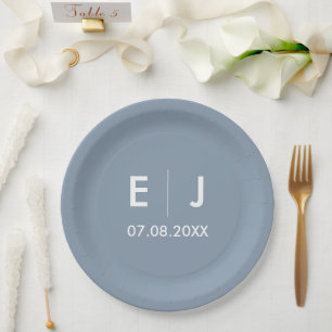 Prato De Papel Casamento de Monograma Azul e Branco