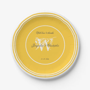 Prato De Papel Casamento De Monograma Chic Amarelo E Branco