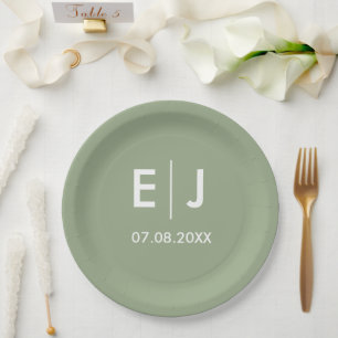 Prato De Papel Casamento de Monograma Verde e Branco