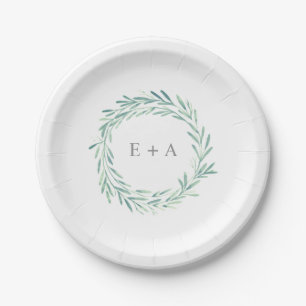 Prato De Papel Casamento de Monogramas de Verdadeiro Verde