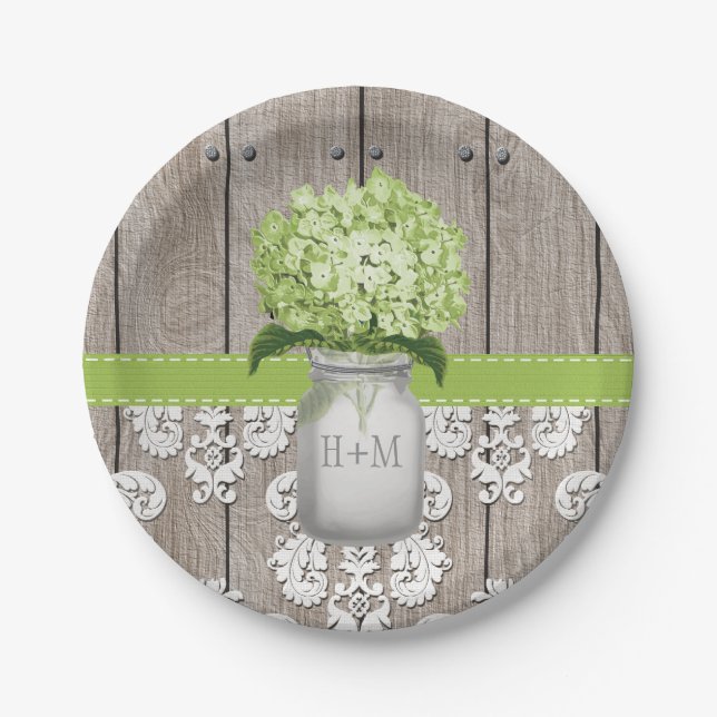Prato De Papel Casamento de Monogrammed Mason Jar Green Hydrangea (Frente)