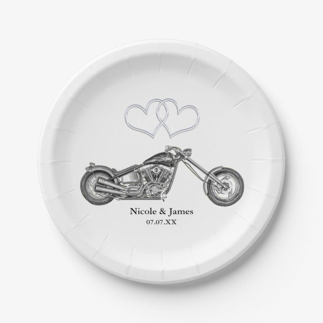 Prato De Papel Casamento de motoqueiro com corações de prata (Frente)