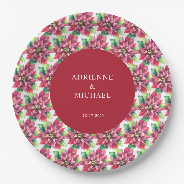 Prato De Papel Casamento de Natal de Poinsettia Vermelha (Frente)