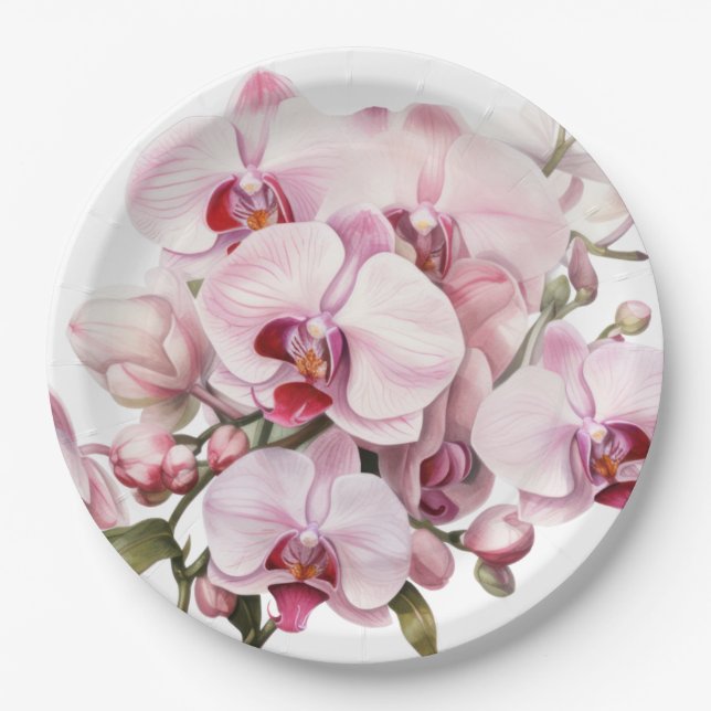 Prato De Papel Casamento de Orquídeas Rosa e Branco (Frente)