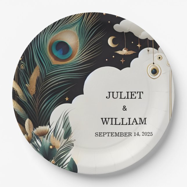 Prato De Papel Casamento de Pavões de Nuvem da Ásia com Feather (Frente)