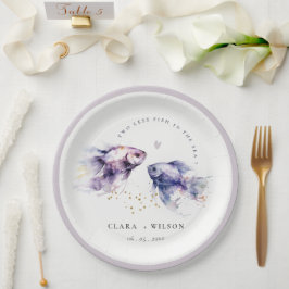 Prato De Papel Casamento de Peixes Costeiros Lilac Aquarela Elega