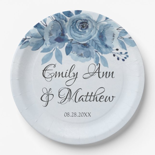 Prato De Papel Casamento de Peony de Cor Azul com Dusty (Frente)