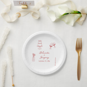 Prato De Papel Casamento de Porodles com Ilustrações Maroon Desen