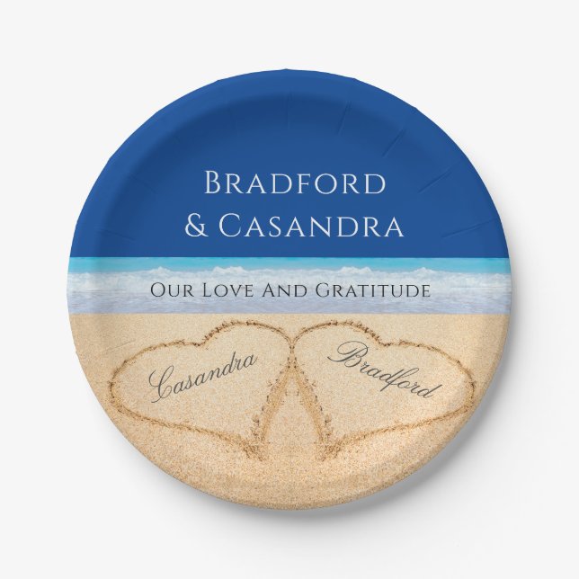 Prato De Papel Casamento de Praia Azul Escura 2 Corações no Papá  (Frente)