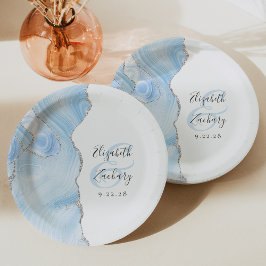 Prato De Papel Casamento de Prata Azul com Script Agate