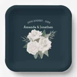 Prato De Papel Casamento de Rosas Brancas Azuis e Marinhos Elegan