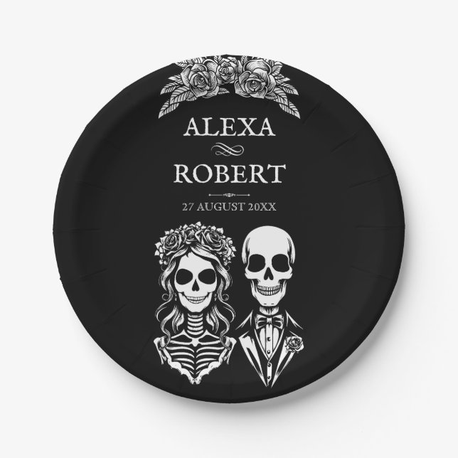 Prato De Papel Casamento de rosas de esqueleto gótico (Frente)