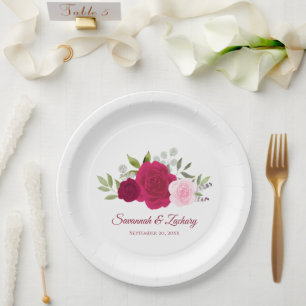 Prato De Papel Casamento de Rosas Rosa Choque e Magenta Elegantes