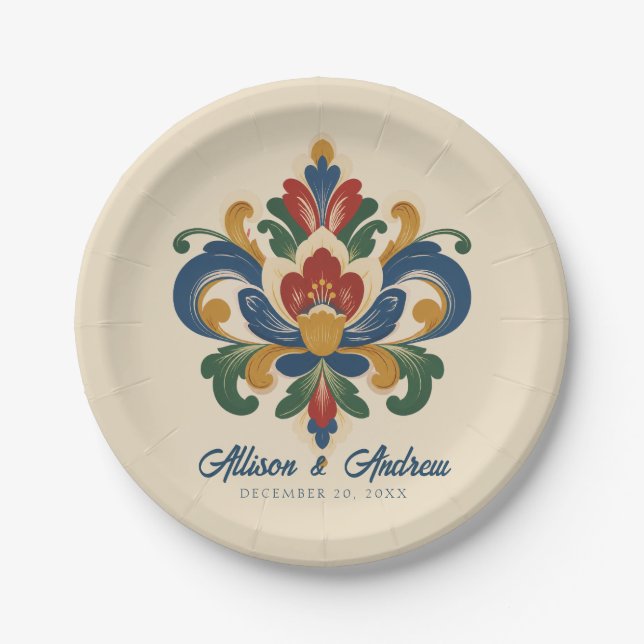 Prato De Papel Casamento de Rosemaling Norueguesa (Frente)
