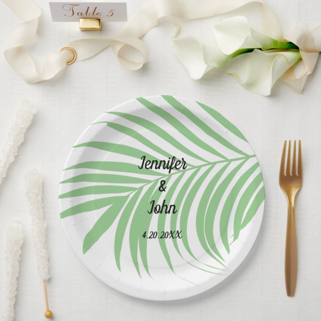 Prato De Papel Casamento de Sage Green Tropical Palm Tree Leaf Cu (Casamento)