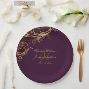 Prato De Papel Casamento de Script Dourado Floral de Damasco com