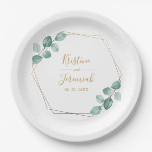 Prato De Papel Casamento de Script Dourado Moderno Eucalyptus Wat
