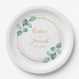 Prato De Papel Casamento de Script Dourado Moderno Eucalyptus Wat