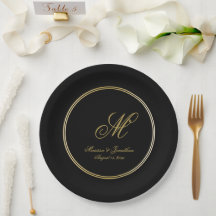 Casamento de Script Dourado Monograma Preto Elegan