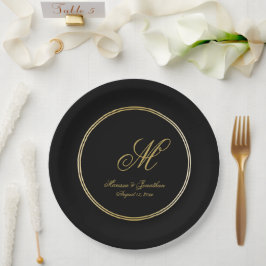 Prato De Papel Casamento de Script Dourado Monograma Preto Elegan