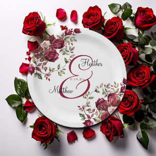 Prato De Papel Casamento de Script Moderno Floral da Burgundy