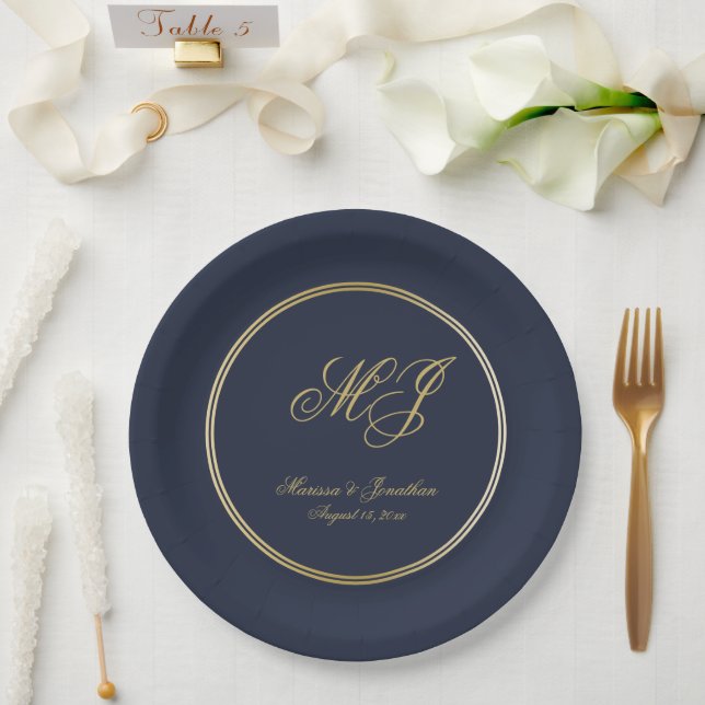 Prato De Papel Casamento de Script Monograma Azul Dourado Elegant (Casamento)