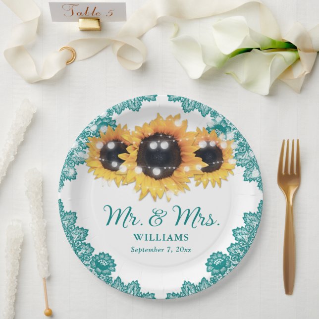Prato De Papel Casamento de Teal Rustic Chic Lace Sunflower (Casamento)