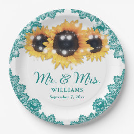 Prato De Papel Casamento de Teal Rustic Chic Lace Sunflower