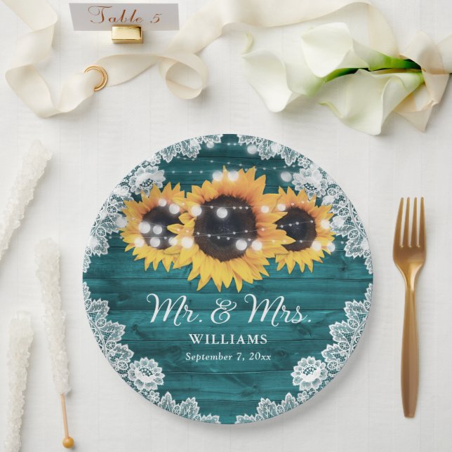 Prato De Papel Casamento de Teal Rustic Wood Lace Sunflower (Casamento)