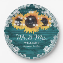 Casamento de Teal Rustic Wood Lace Sunflower