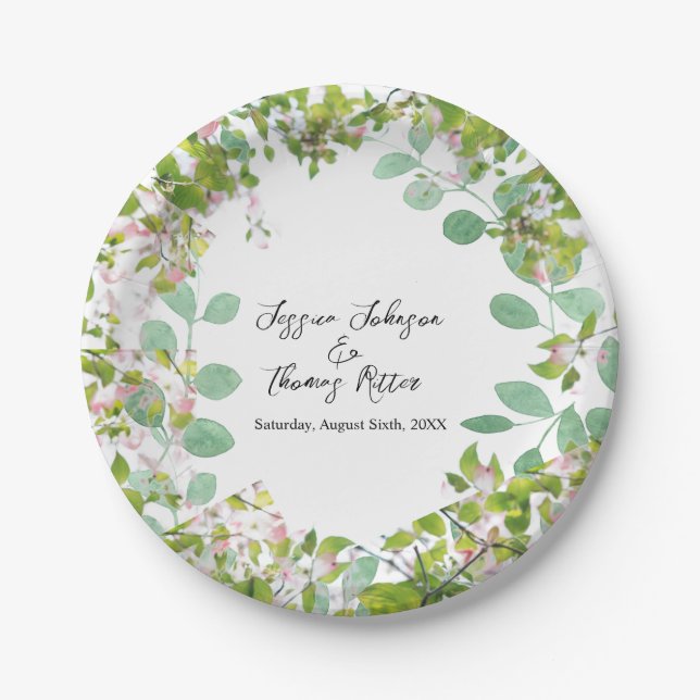 Prato De Papel Casamento de Verão Eucalyptus Personalizado Românt (Frente)