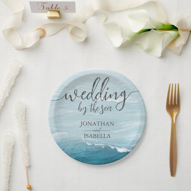 Prato De Papel Casamento de verão pelo mar azul ondulado, ombre o (Casamento)