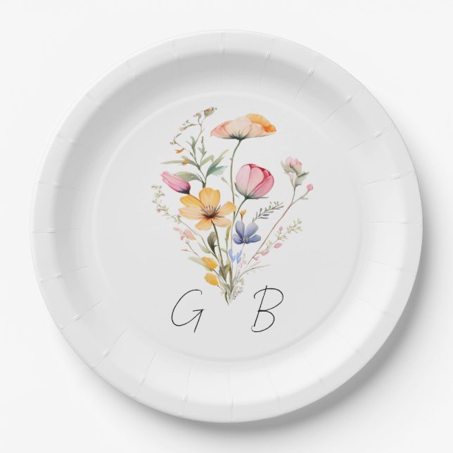 Prato De Papel Casamento de Watercolor Meadow Wildflower Monogram (Frente)